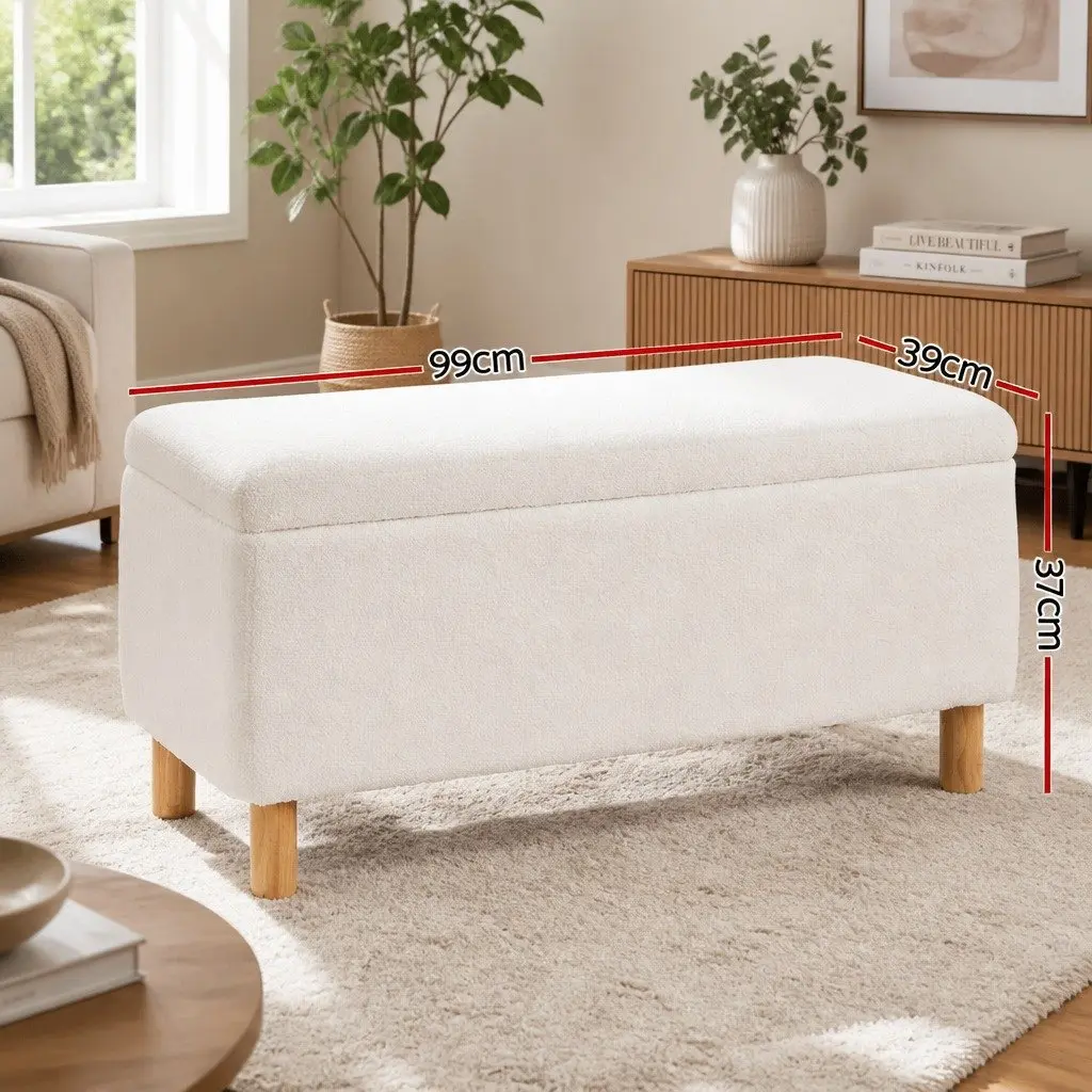 Upholstered Storage Ottoman 99cm in White Boucle Fabric
