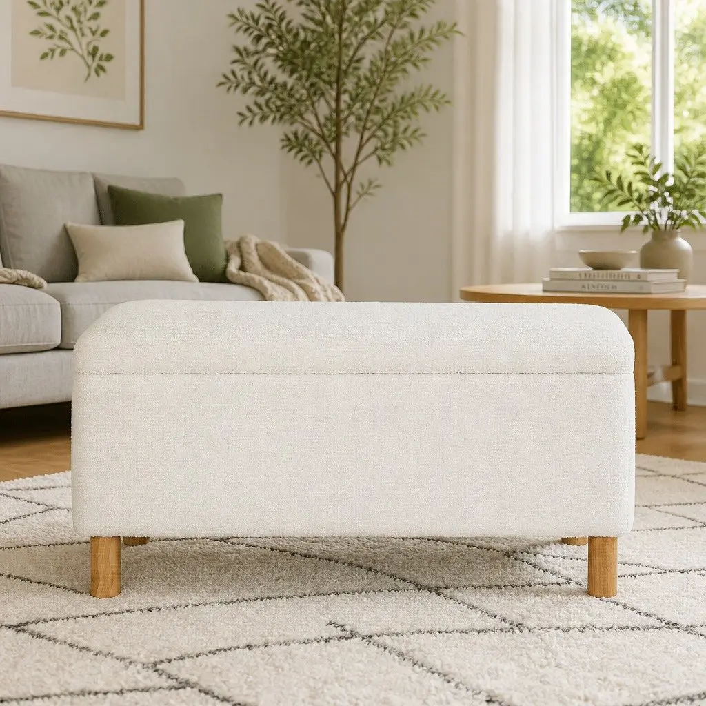Upholstered Storage Ottoman 99cm in White Boucle Fabric