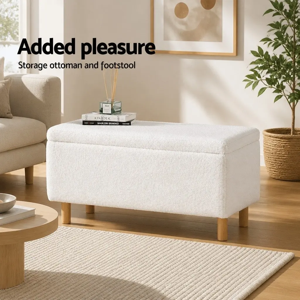 Upholstered Storage Ottoman 99cm in White Boucle Fabric