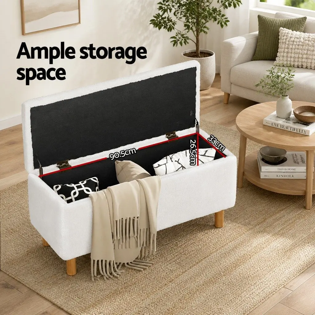 Upholstered Storage Ottoman 99cm in White Boucle Fabric
