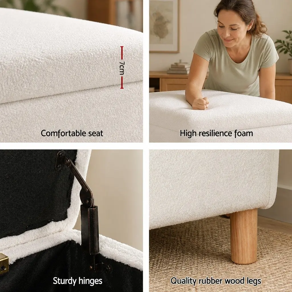 Upholstered Storage Ottoman 99cm in White Boucle Fabric