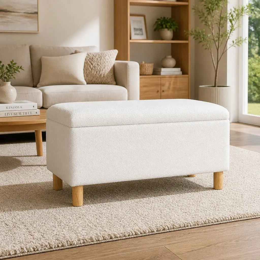 Upholstered Storage Ottoman 99cm in White Boucle Fabric