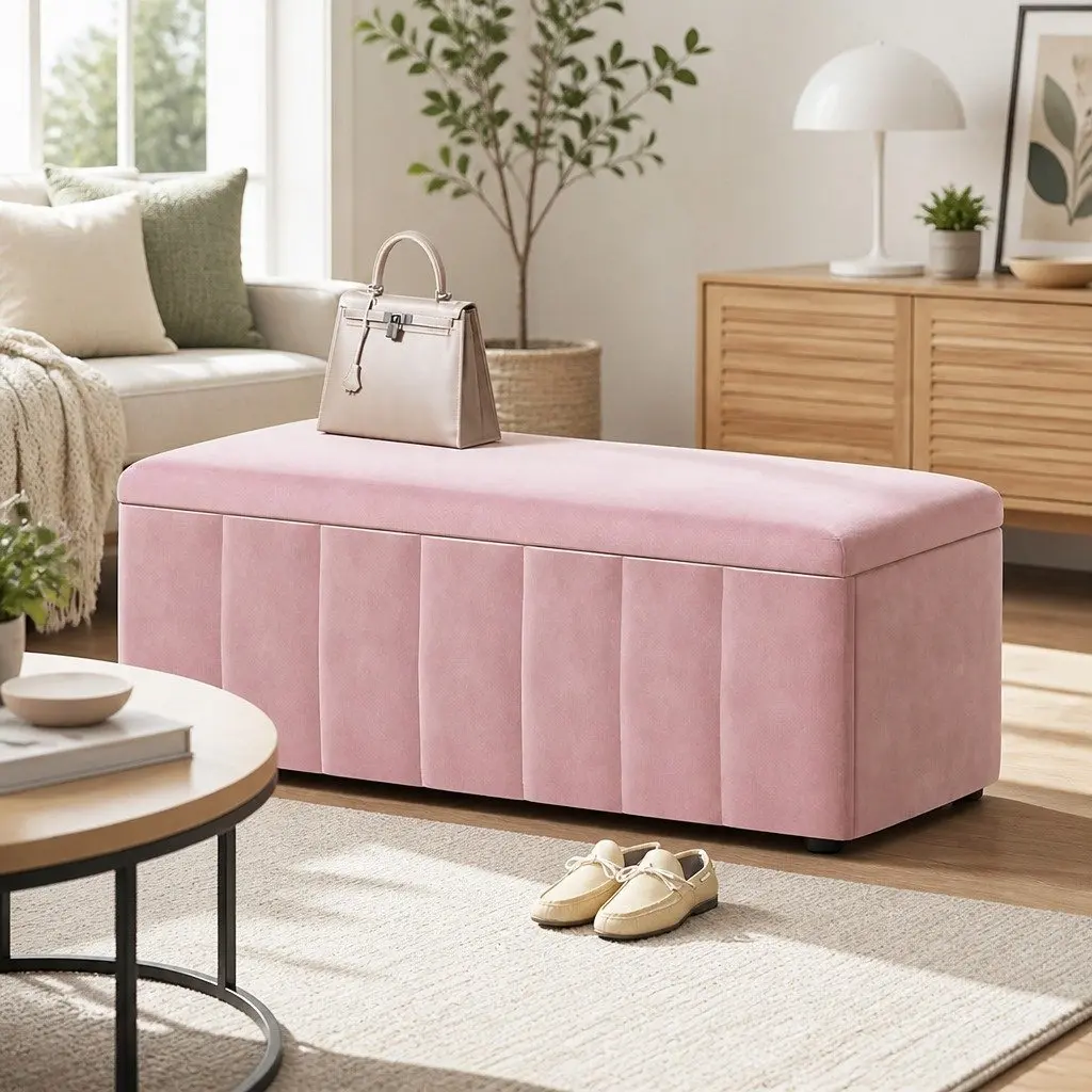 Pink Velvet Storage Ottoman Blanket Box 103cm