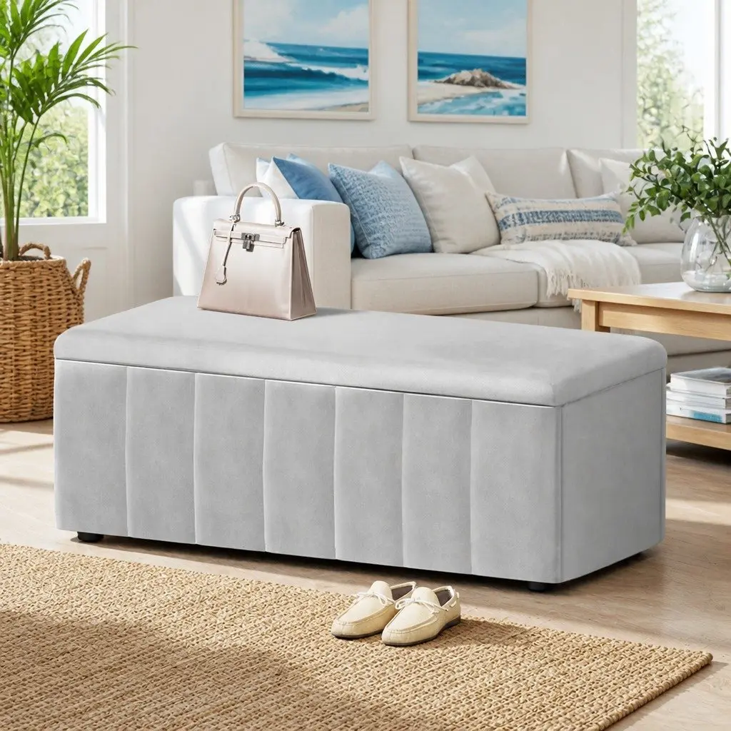 Velvet Grey Storage Ottoman Blanket Box for Living Rooms