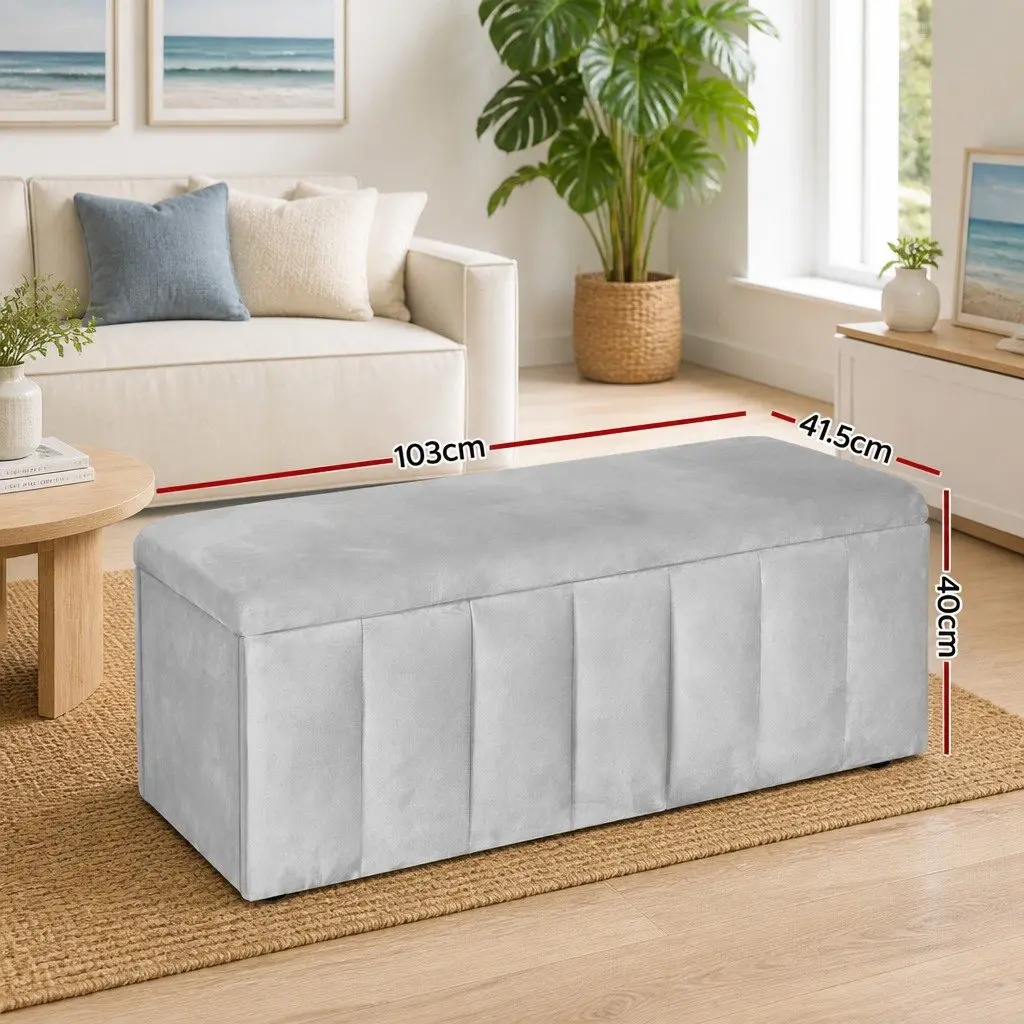 Ottoman Storage Box Grey Velvet 103cm Living Room Footstool with Hidden Compartment for Blankets and Pillows