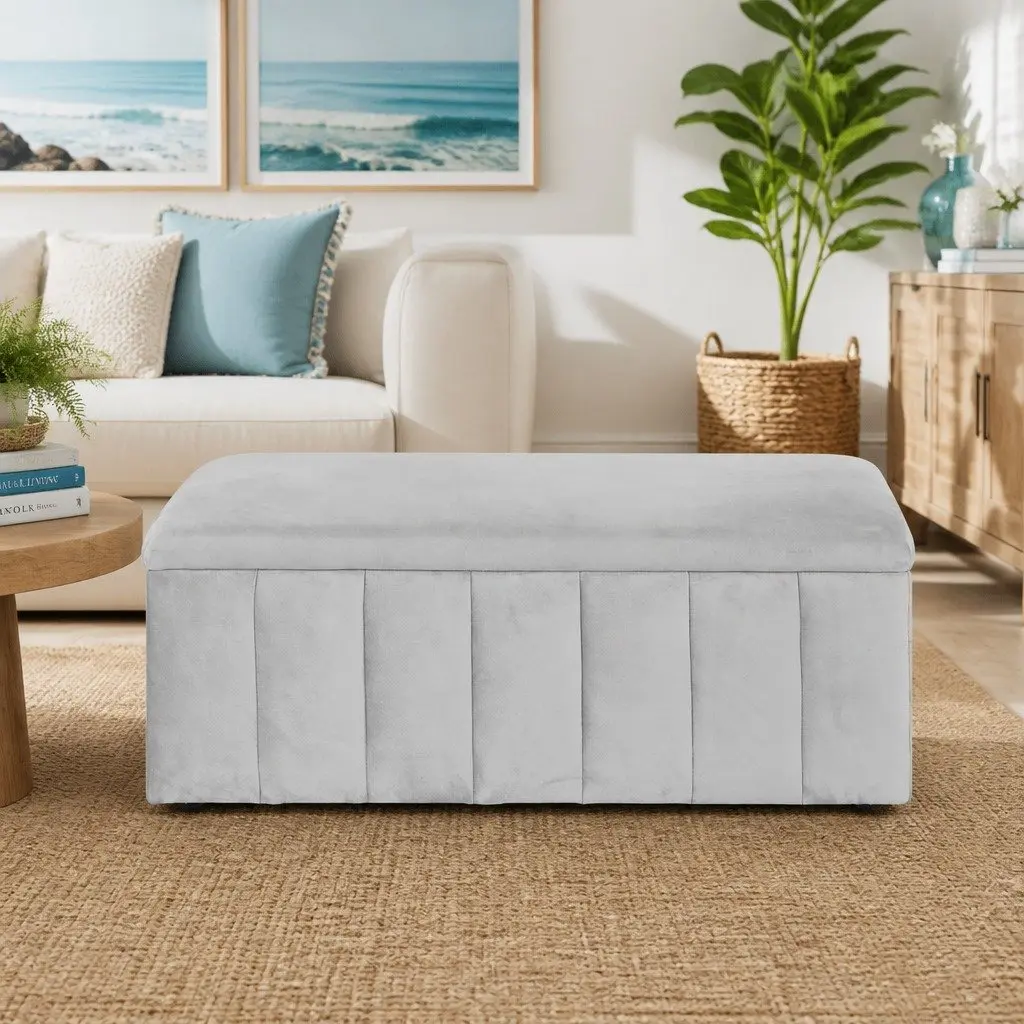 Ottoman Storage Box Grey Velvet 103cm Living Room Footstool with Hidden Compartment for Blankets and Pillows