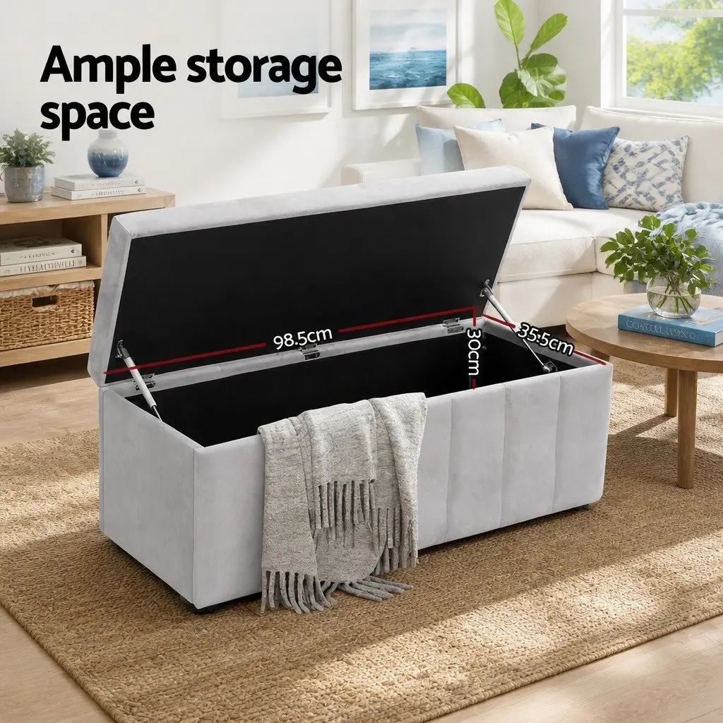 Ottoman Storage Box Grey Velvet 103cm Living Room Footstool with Hidden Compartment for Blankets and Pillows