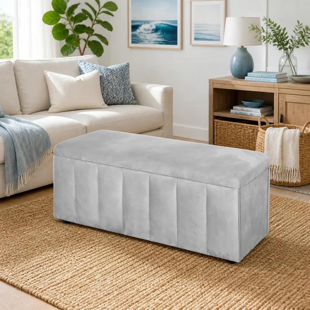 Ottoman Storage Box Grey Velvet 103cm Living Room Footstool with Hidden Compartment for Blankets and Pillows