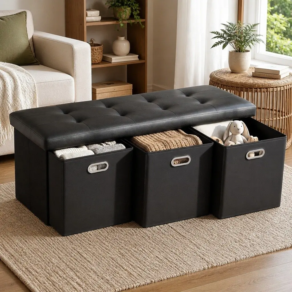 Black Storage Ottoman with 3 Cube Drawers