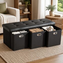 Cozy Black Storage Ottoman with 3 Cube Drawers