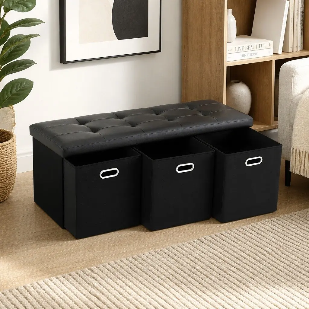 Storage Ottoman Footstool Black Foldable PU Leather Faux Linen 3 Cube Drawers
