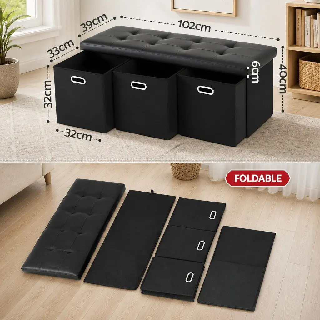 Storage Ottoman Footstool Black Foldable PU Leather Faux Linen 3 Cube Drawers