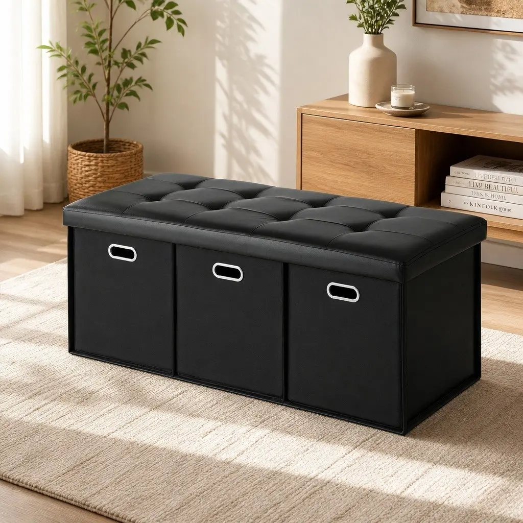 Storage Ottoman Footstool Black Foldable PU Leather Faux Linen 3 Cube Drawers