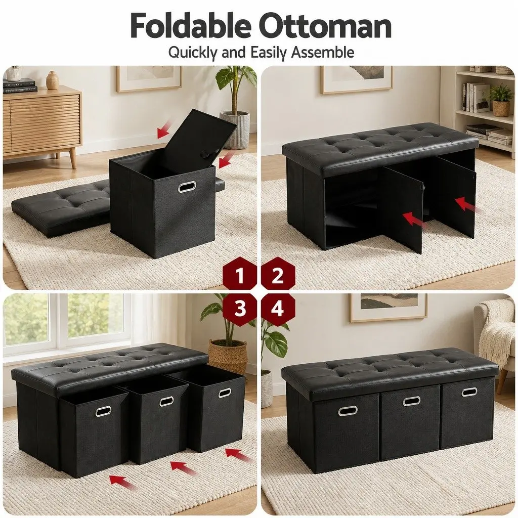 Storage Ottoman Footstool Black Foldable PU Leather Faux Linen 3 Cube Drawers