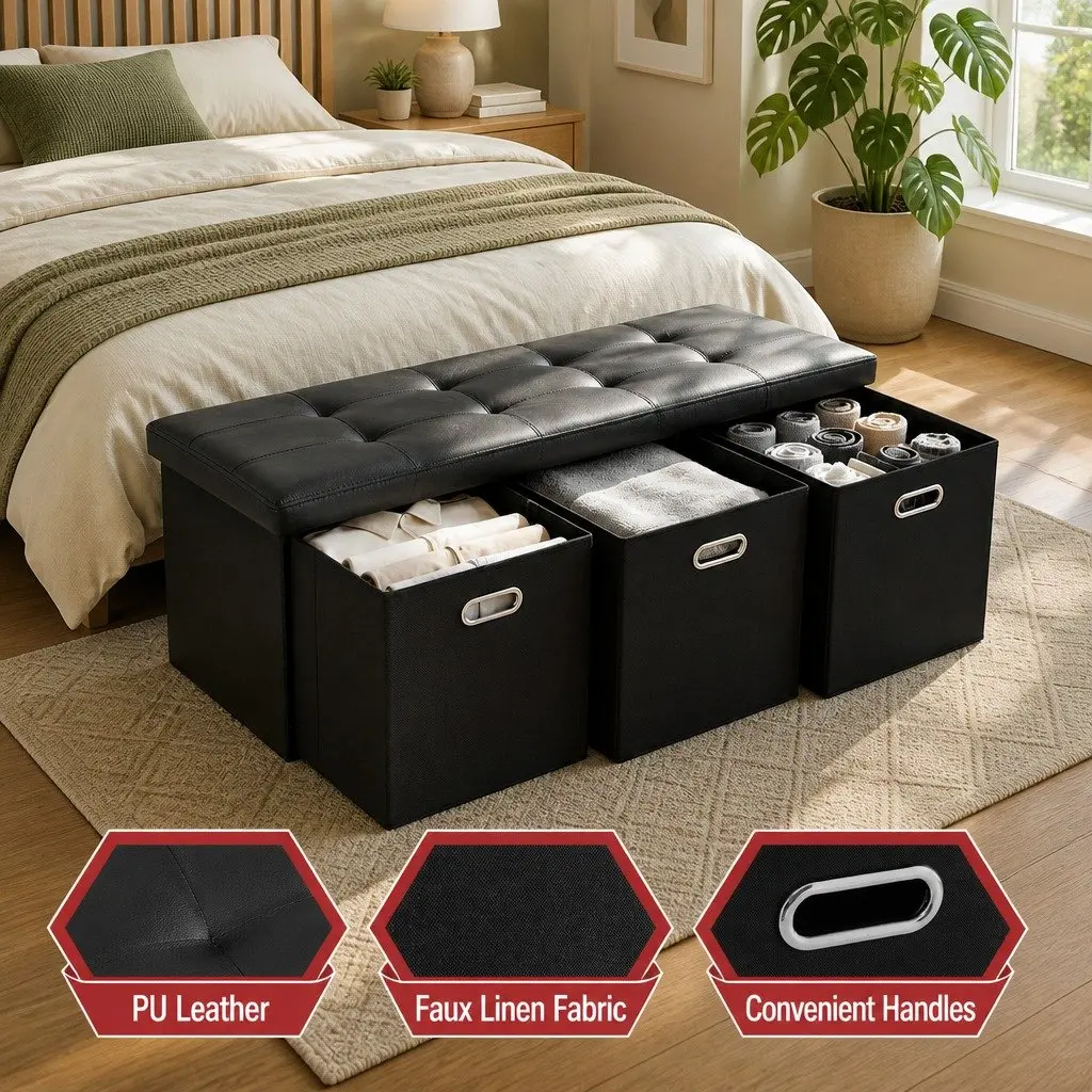 Storage Ottoman Footstool Black Foldable PU Leather Faux Linen 3 Cube Drawers