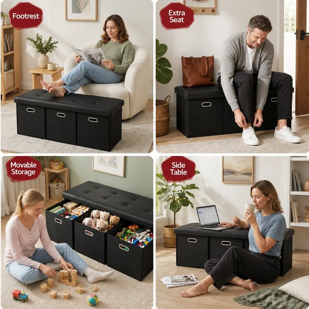 Storage Ottoman Footstool Black Foldable PU Leather Faux Linen 3 Cube Drawers