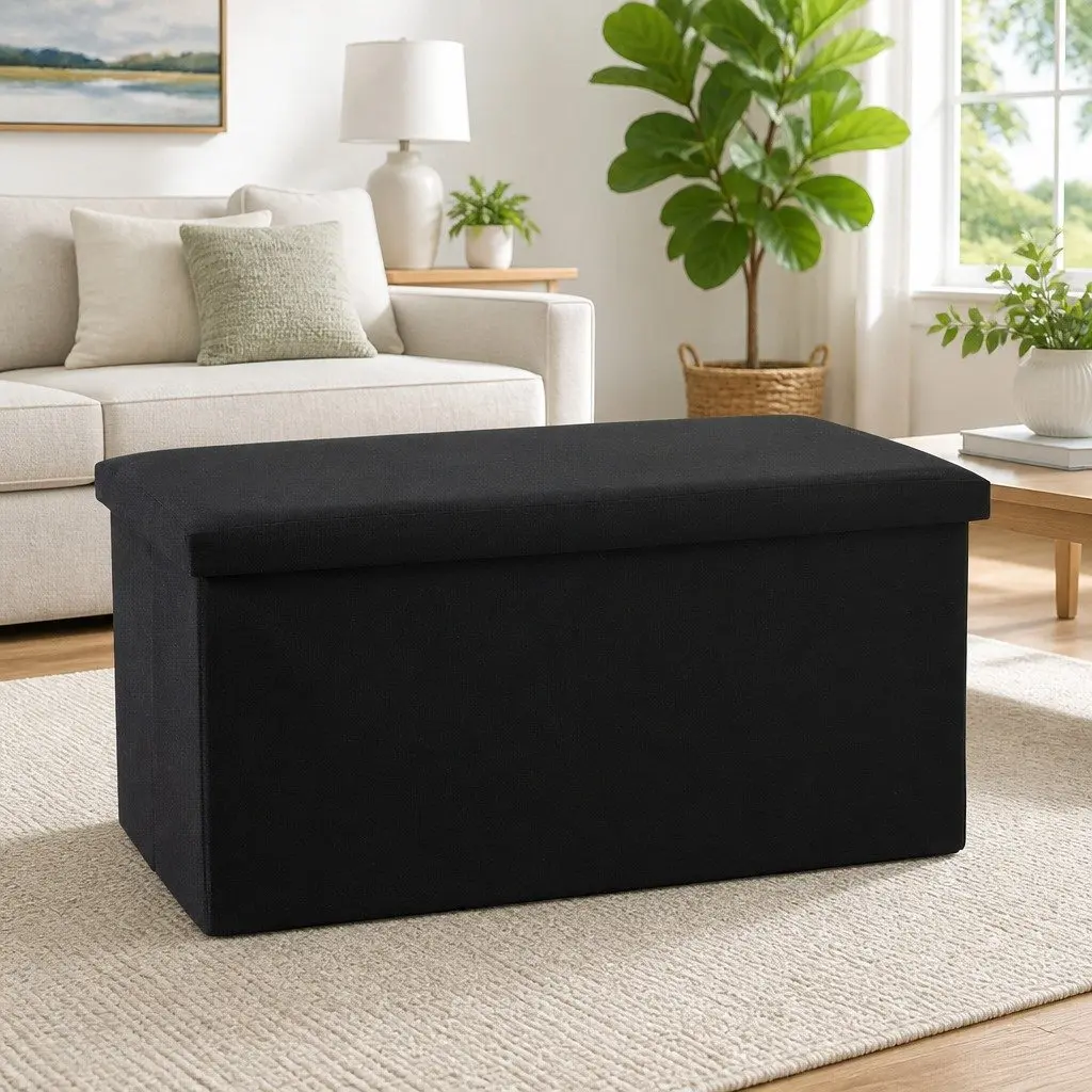 Storage Ottoman Bench Folding Blanket Box Toy Organiser Footstool Black 77cm MDF Faux Linen Fabric