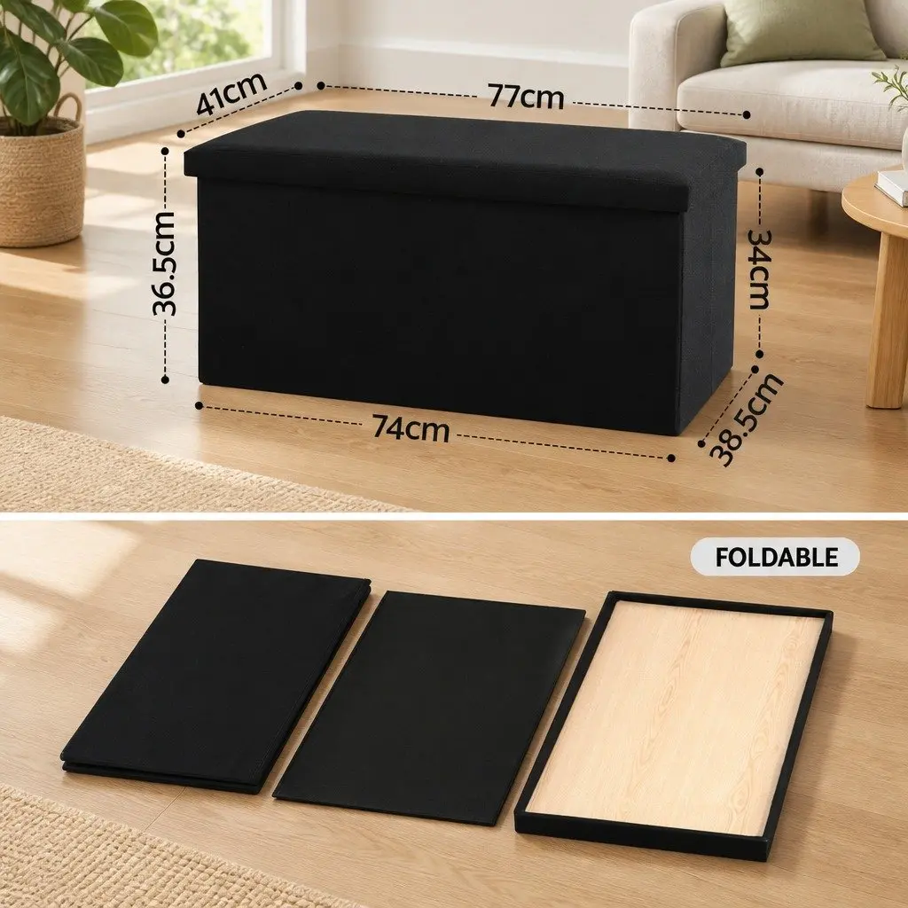 Storage Ottoman Bench Folding Blanket Box Toy Organiser Footstool Black 77cm MDF Faux Linen Fabric