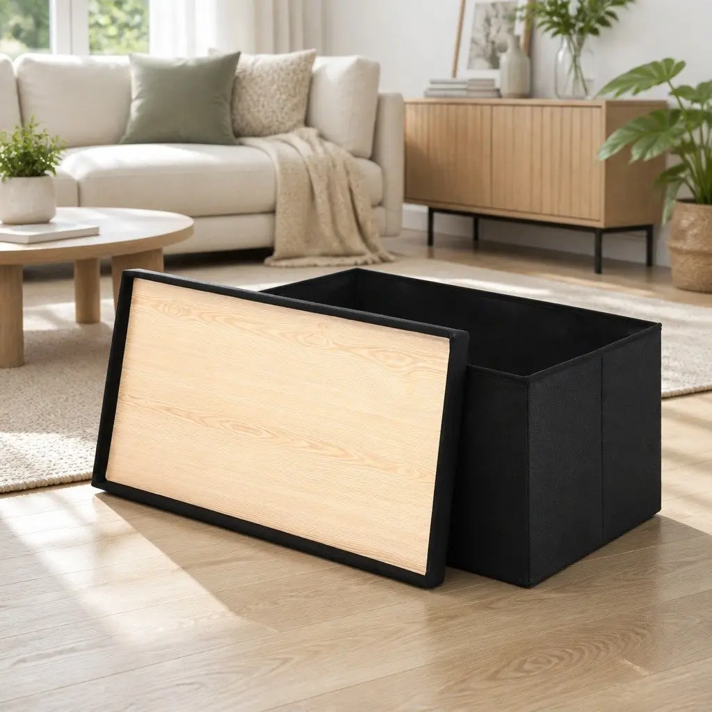 Storage Ottoman Bench Folding Blanket Box Toy Organiser Footstool Black 77cm MDF Faux Linen Fabric