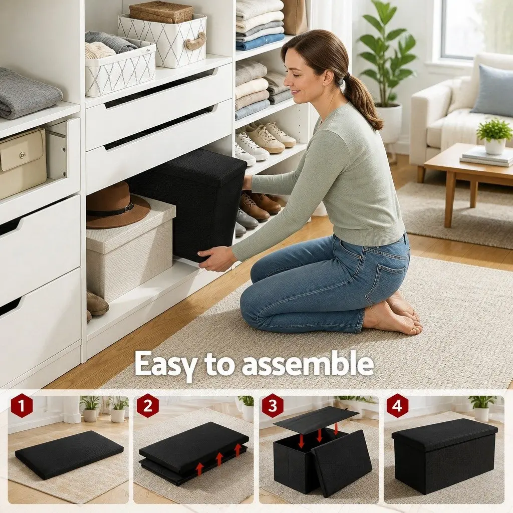 Storage Ottoman Bench Folding Blanket Box Toy Organiser Footstool Black 77cm MDF Faux Linen Fabric