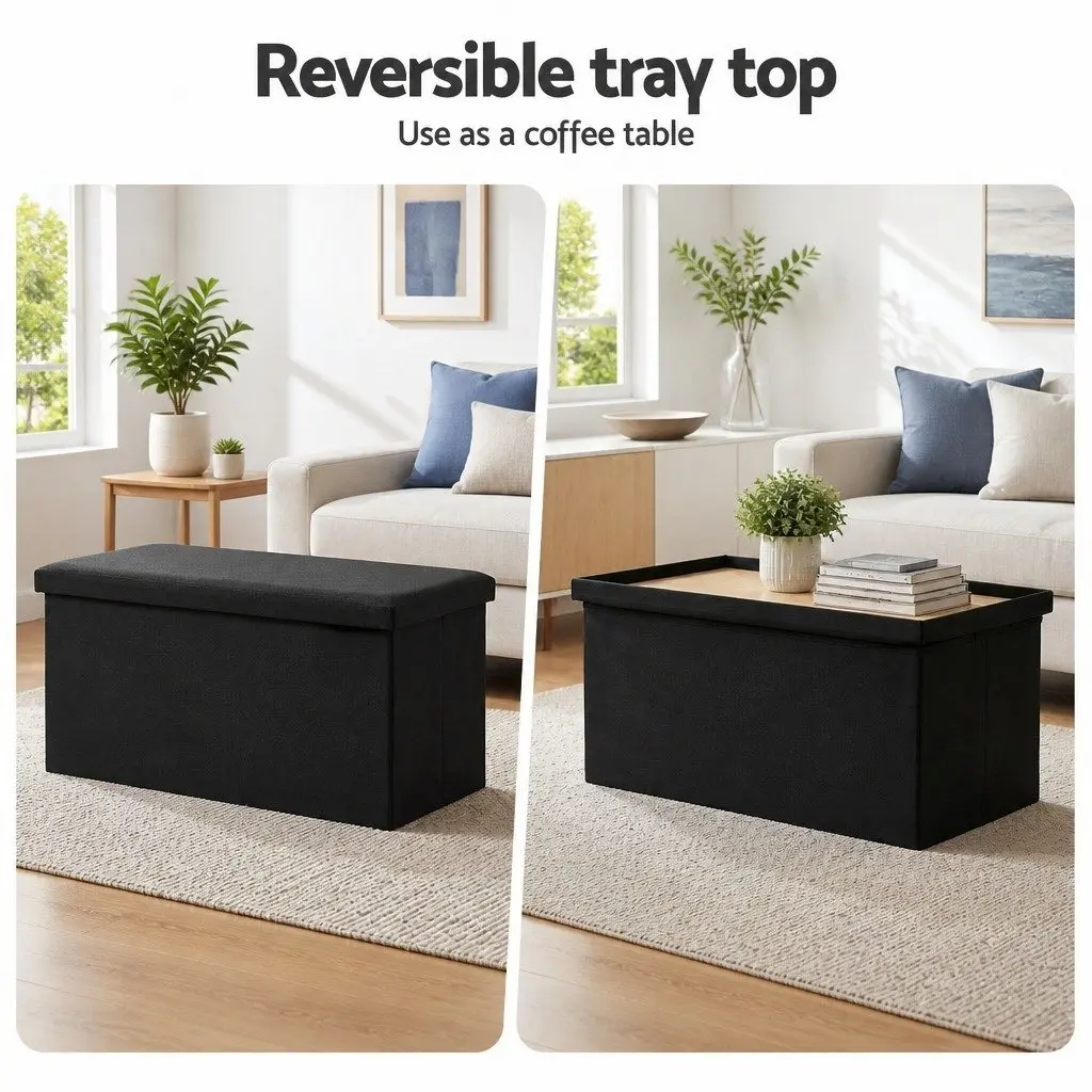 Storage Ottoman Bench Folding Blanket Box Toy Organiser Footstool Black 77cm MDF Faux Linen Fabric