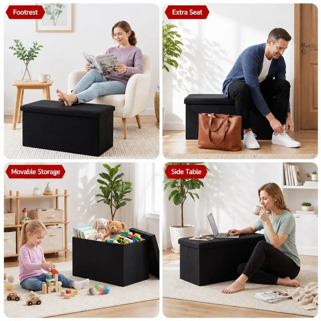 Storage Ottoman Bench Folding Blanket Box Toy Organiser Footstool Black 77cm MDF Faux Linen Fabric