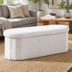 Foldable Storage Ottoman in White Boucle Fabric