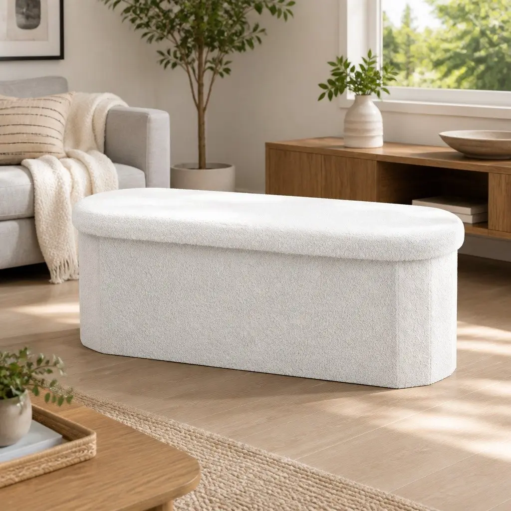 Foldable Storage Ottoman in White Boucle Fabric