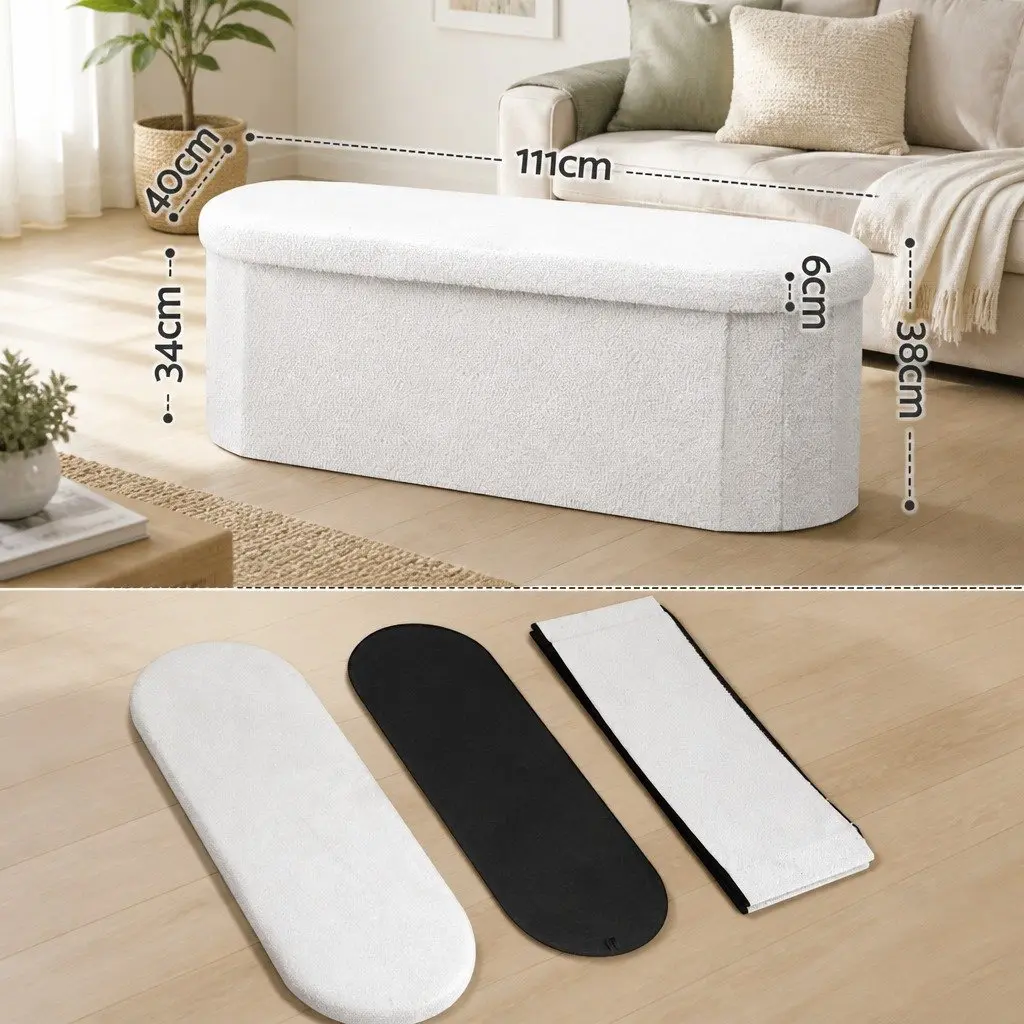 Foldable Storage Ottoman in White Boucle Fabric