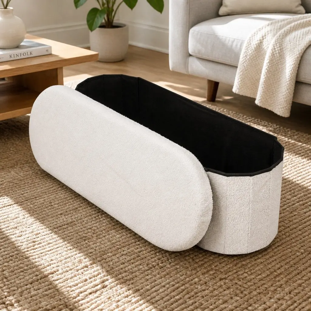 Foldable Storage Ottoman in White Boucle Fabric