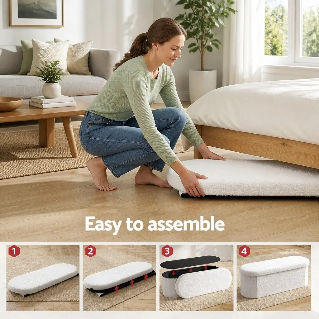 Foldable Storage Ottoman in White Boucle Fabric