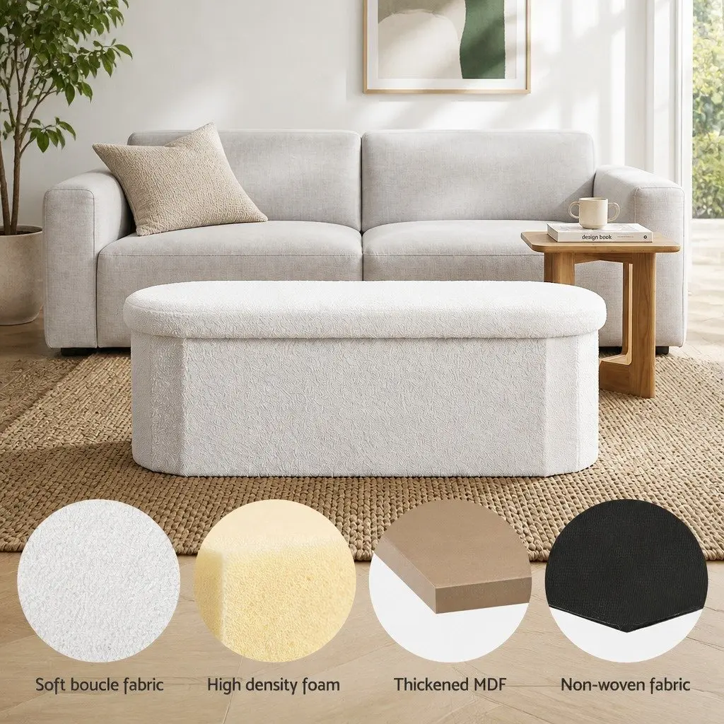 Foldable Storage Ottoman in White Boucle Fabric