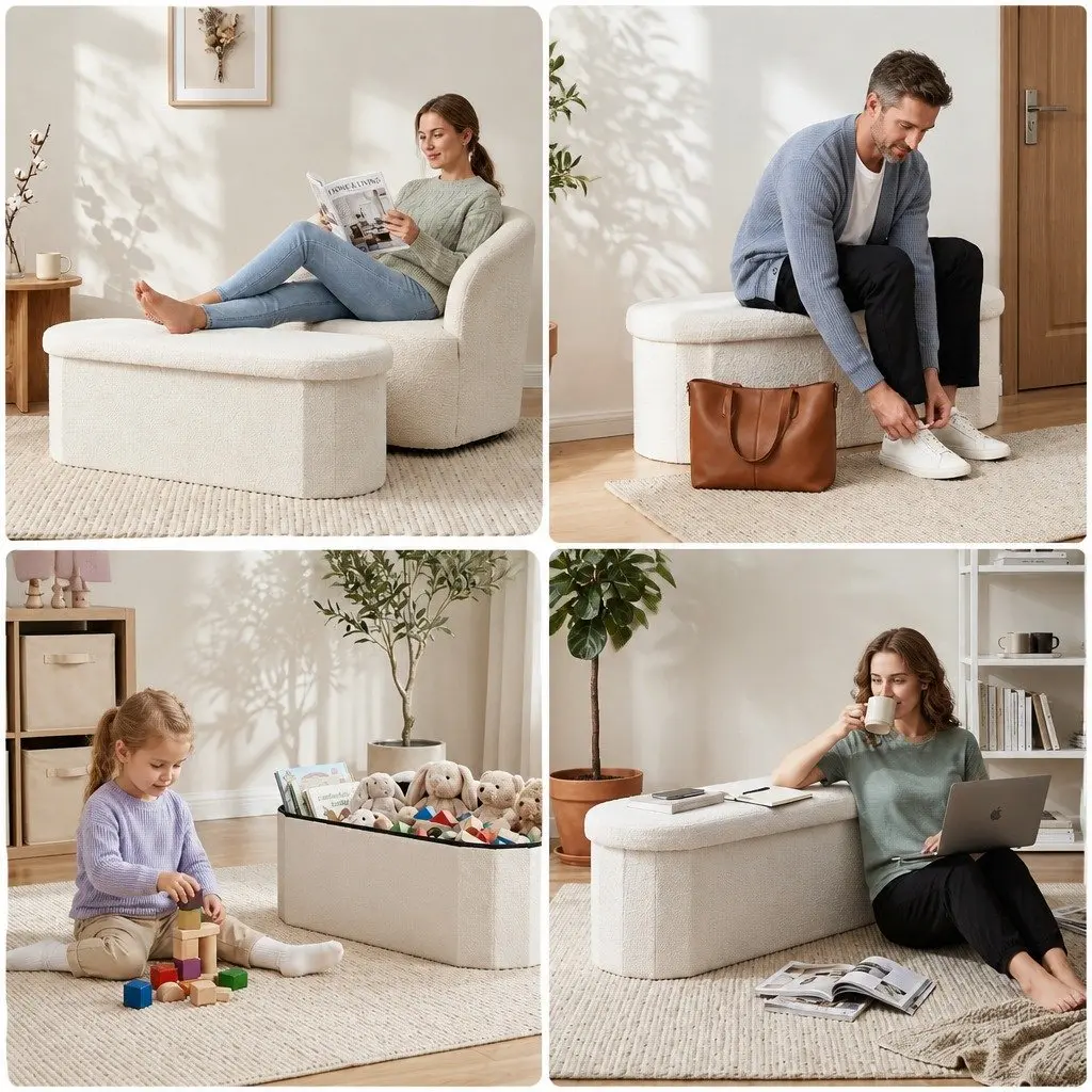 Foldable Storage Ottoman in White Boucle Fabric