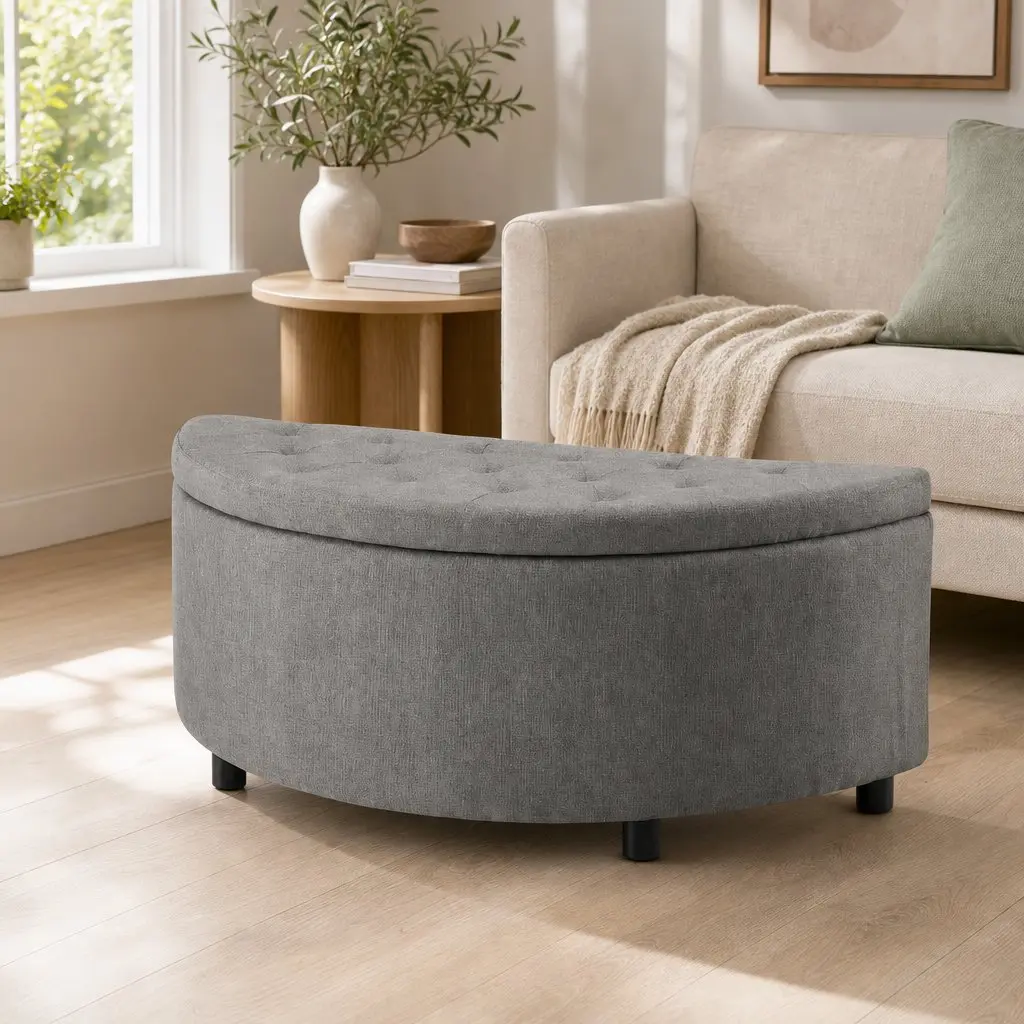 Storage Ottoman Bench Half Round Tufted Upholstered Footstool with Hidden