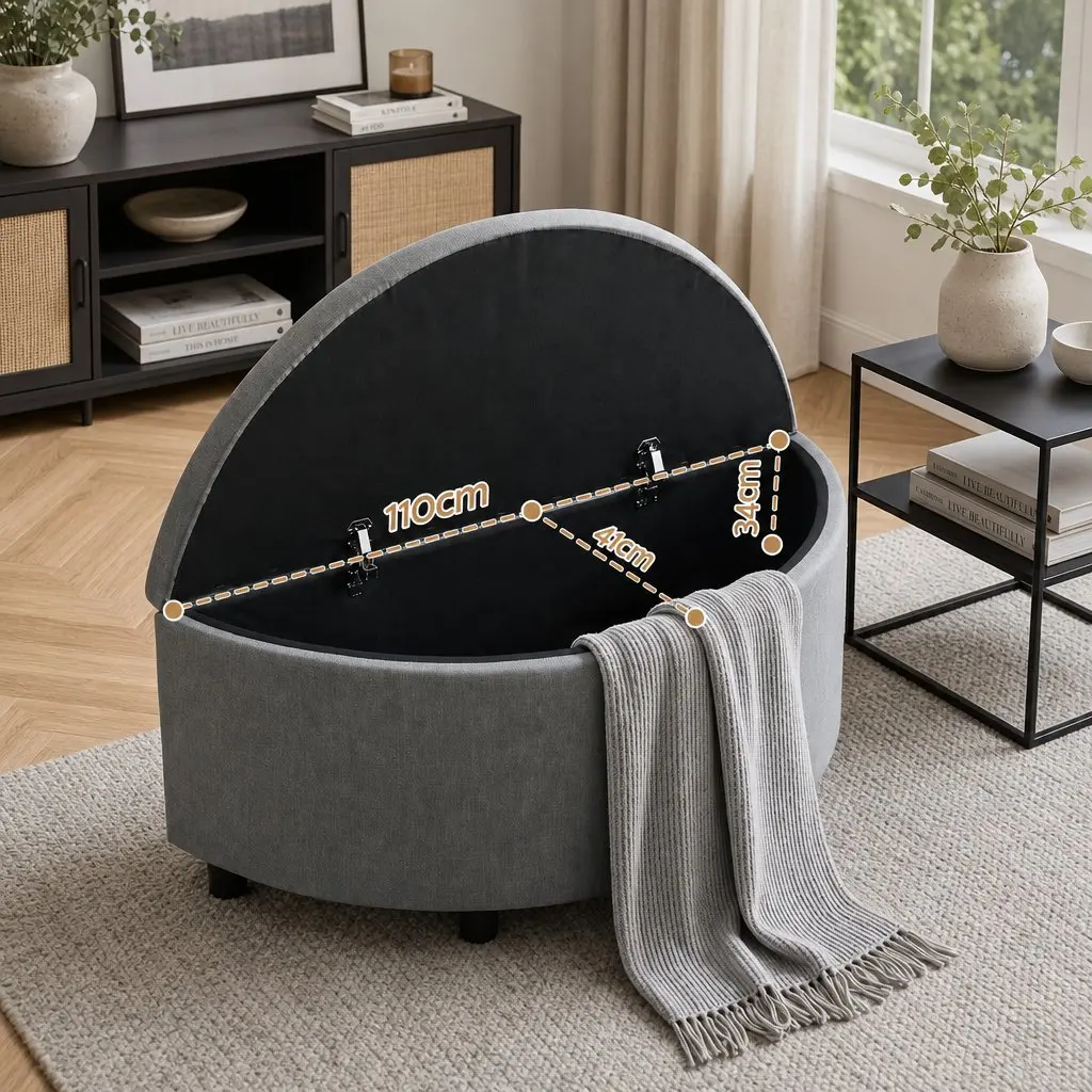 Storage Ottoman Bench Half Round Tufted Upholstered Footstool with Hidden