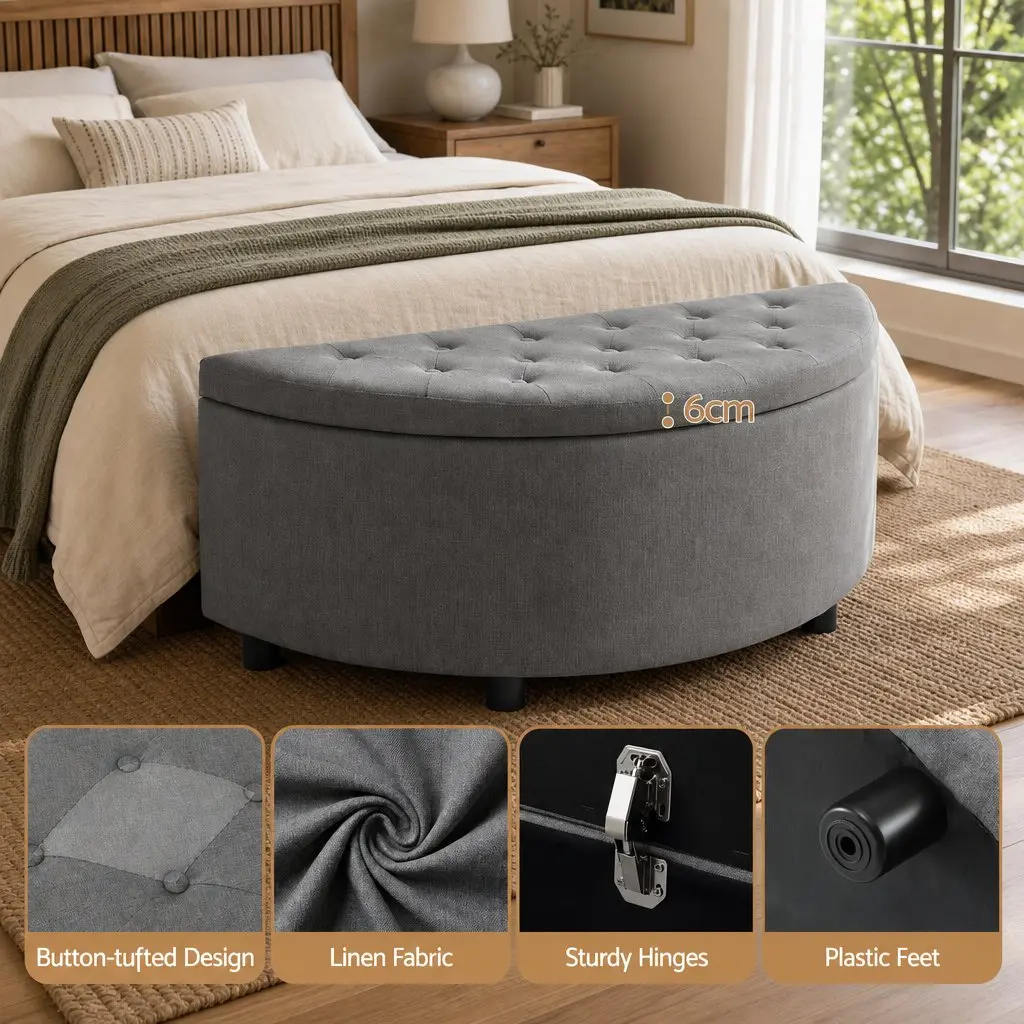 Storage Ottoman Bench Half Round Tufted Upholstered Footstool with Hidden