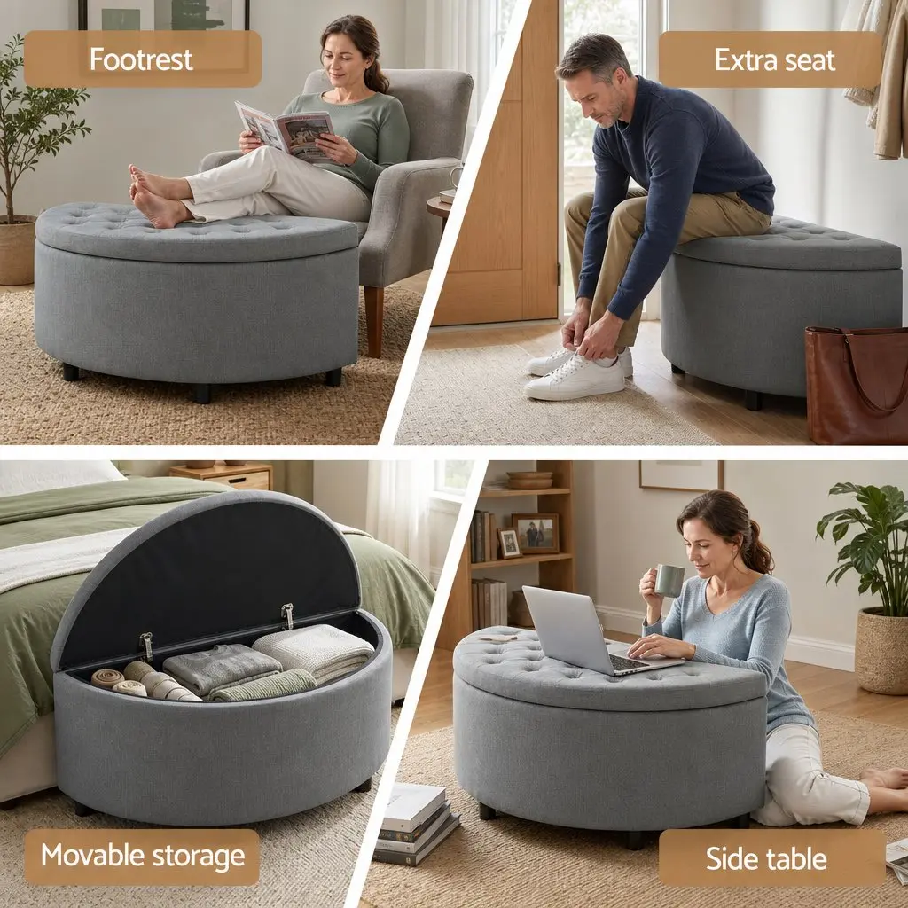 Storage Ottoman Bench Half Round Tufted Upholstered Footstool with Hidden