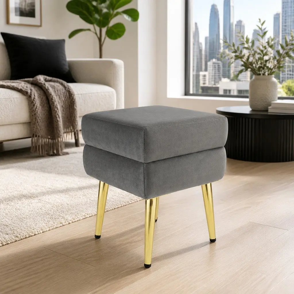 Grey Velvet Ottoman Storage Footstool with Metal Legs