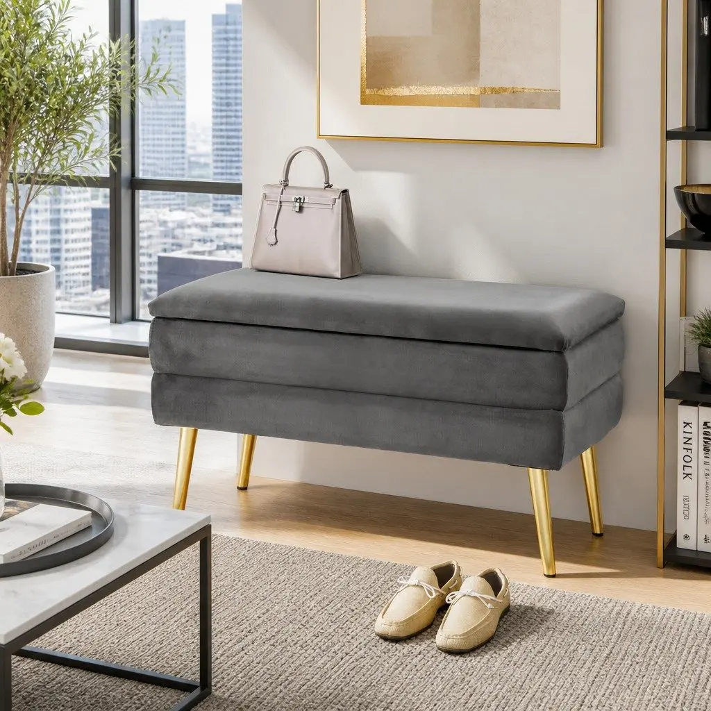 Storage Ottoman Grey Velvet Plywood Frame Hinged Lid Metal Legs 80cm