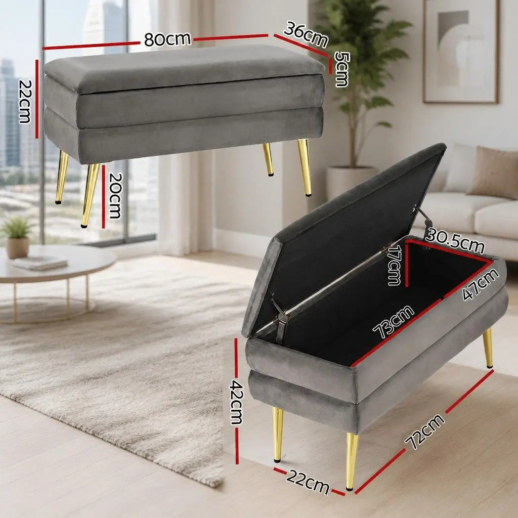 Storage Ottoman Grey Velvet Plywood Frame Hinged Lid Metal Legs 80cm