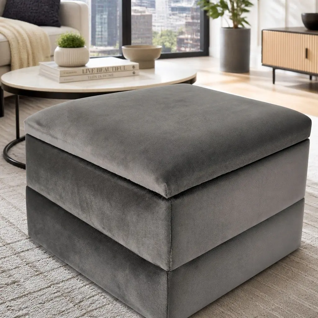 Storage Ottoman Grey Velvet Plywood Frame Hinged Lid Metal Legs 80cm