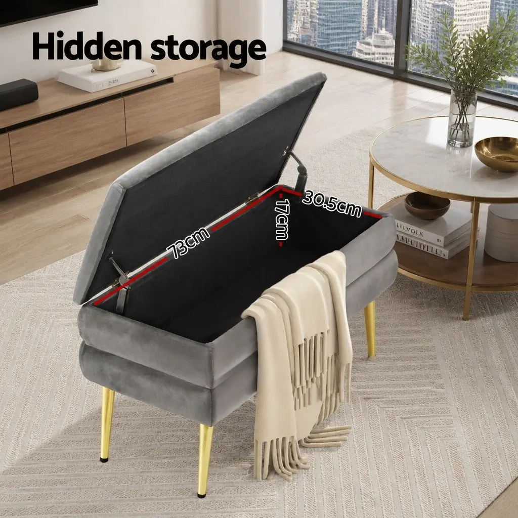 Storage Ottoman Grey Velvet Plywood Frame Hinged Lid Metal Legs 80cm
