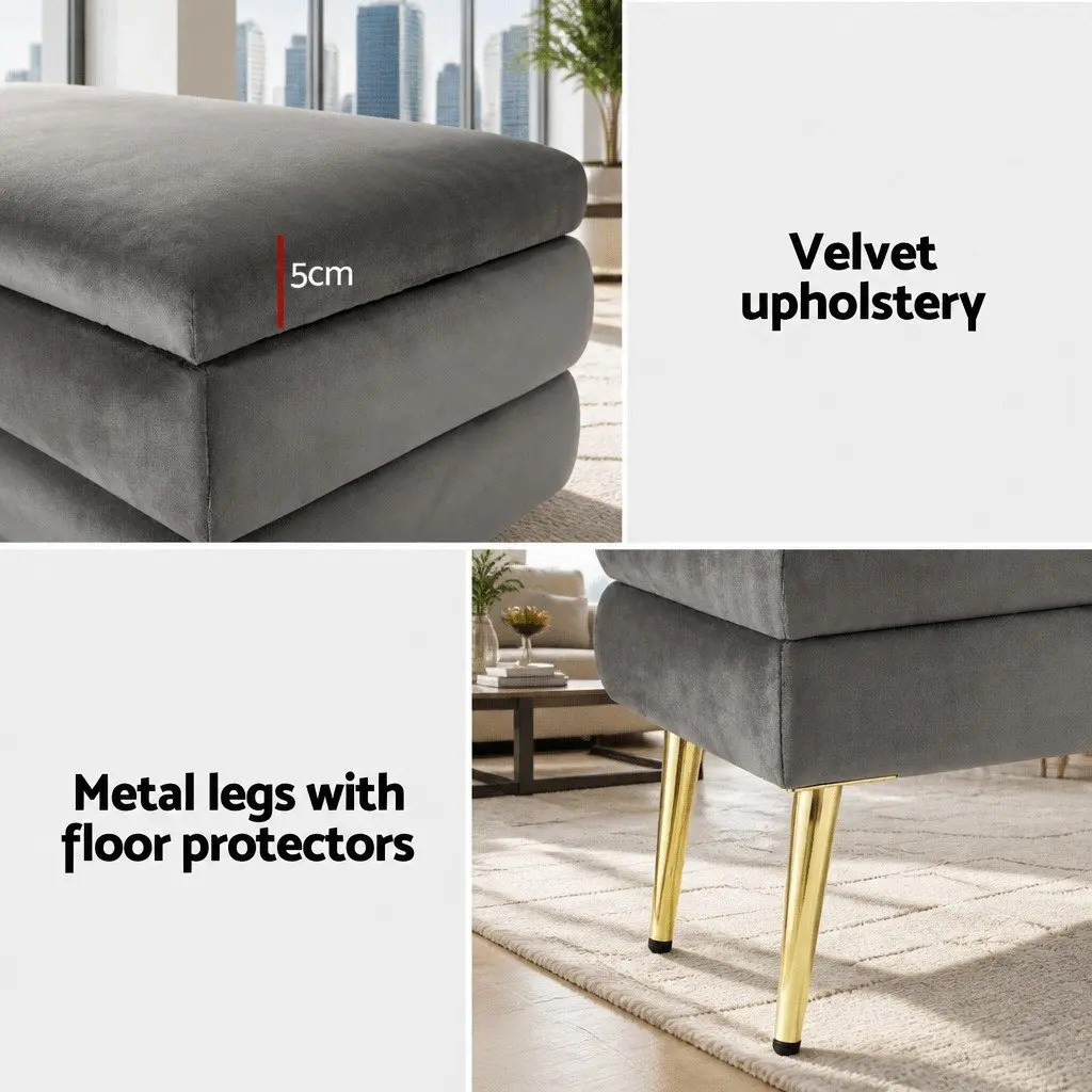 Storage Ottoman Grey Velvet Plywood Frame Hinged Lid Metal Legs 80cm