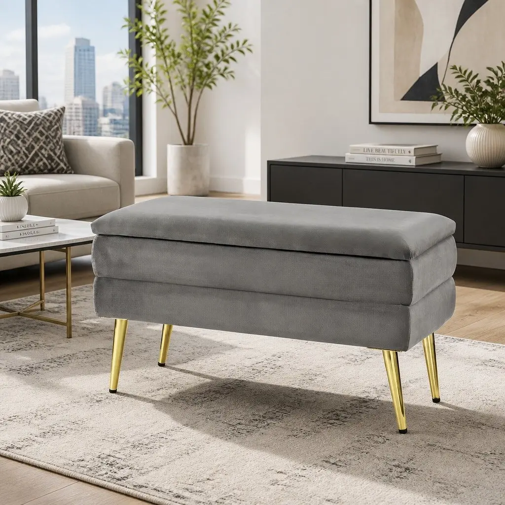 Storage Ottoman Grey Velvet Plywood Frame Hinged Lid Metal Legs 80cm