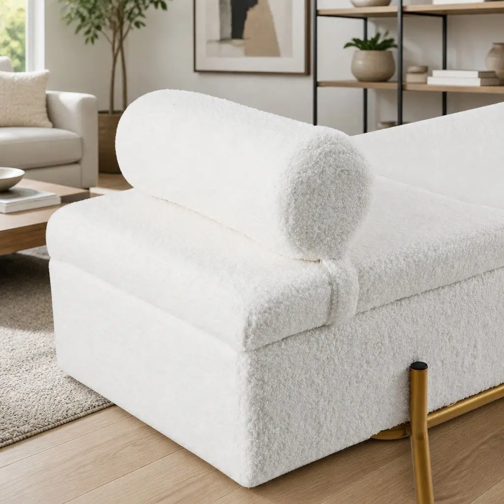 White Boucle Fabric Storage Ottoman Bed with Pillow