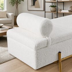 White Boucle Fabric Storage Ottoman Bed with Pillow