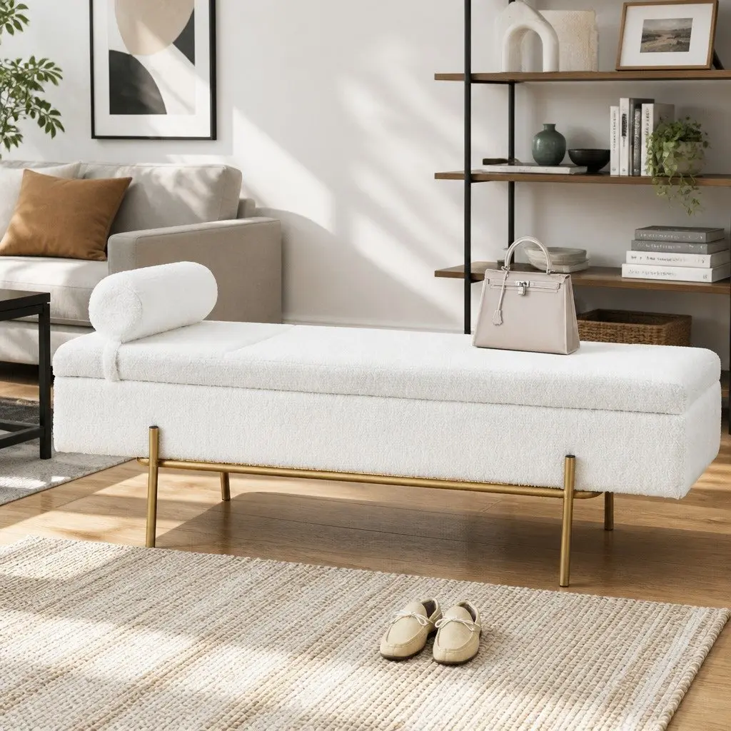 White Boucle Fabric Storage Ottoman Bed with Pillow