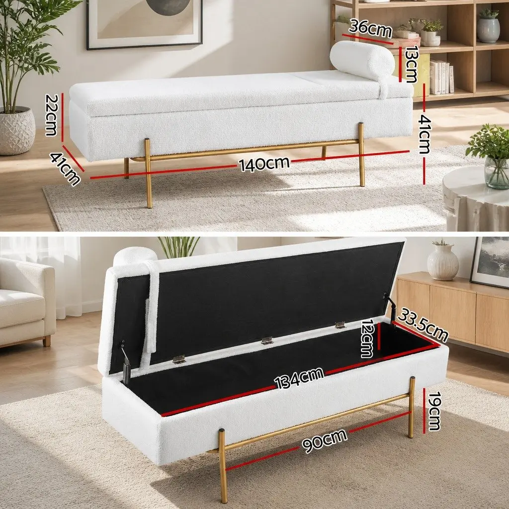 White Boucle Fabric Storage Ottoman Bed with Pillow
