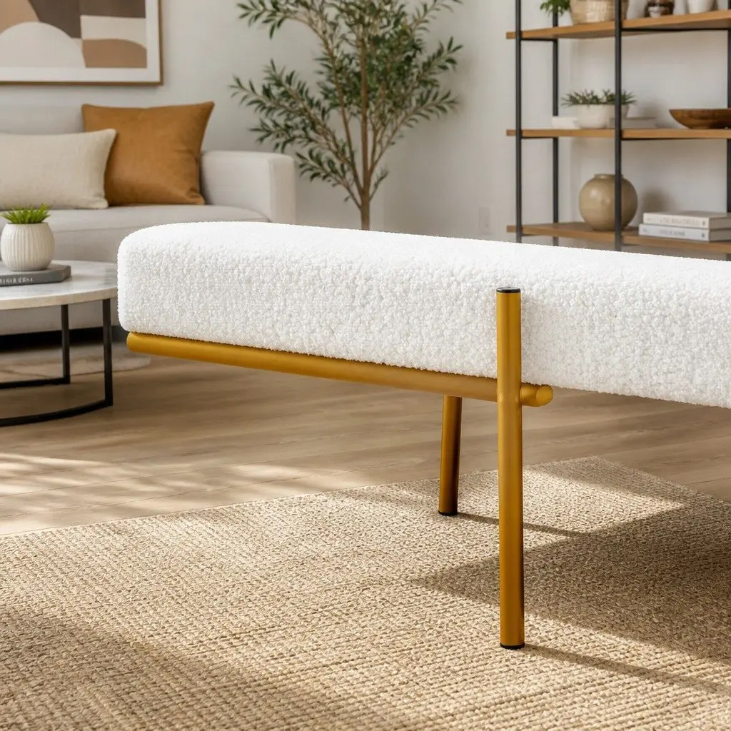 White Boucle Fabric Storage Ottoman Bed with Pillow