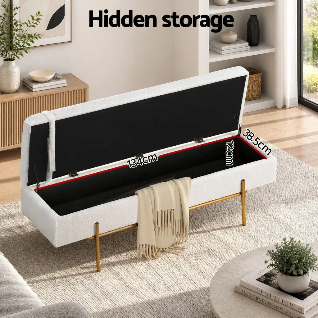 White Boucle Fabric Storage Ottoman Bed with Pillow